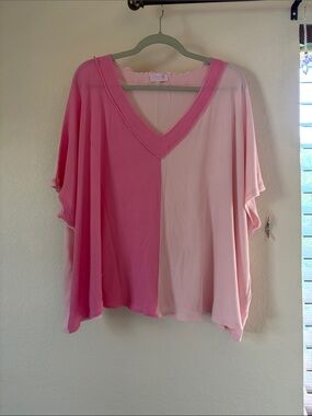 Pink Lily Colorblock Ribbed V-Neck Top Pink Two Tone Oversized Plus Size 2X